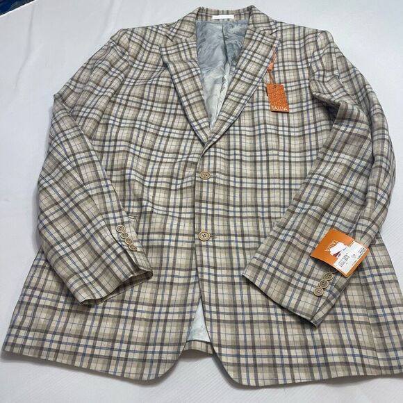 NWT Tallia Verdello Slim Fit Linen Tan Plaid Linen 2 Button Blazer Size 46L New - Picture 1 of 13